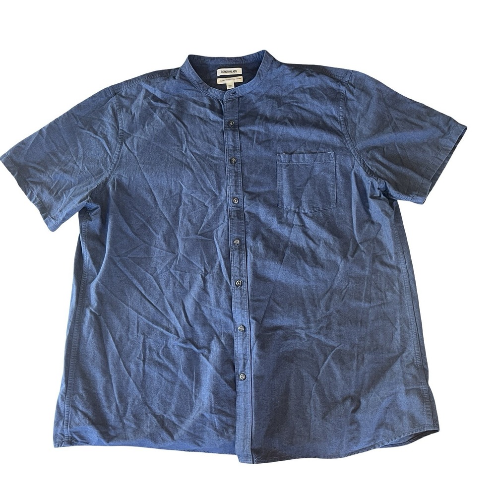 Goodthreads Men's Size XXXLT Blue Button Up Short Sleeve Mandarin Collar Cotton